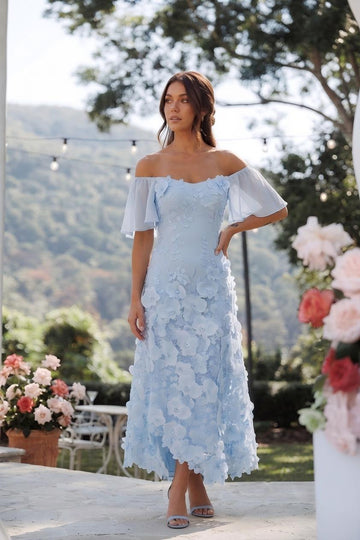 Light Blue Off Shoulder Wedding Guest Dresses A Line 3D Floral Lace Midi Formal Party Gowns with Sleeves