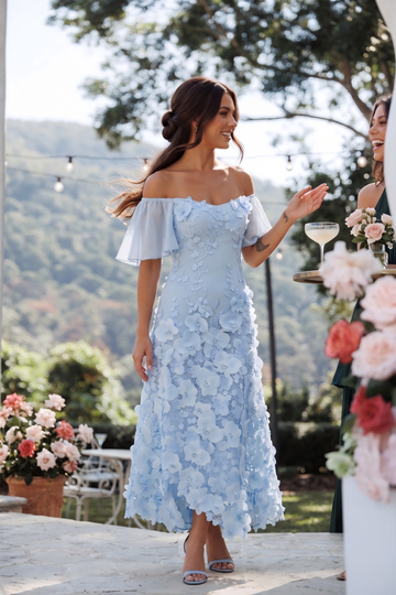 Light Blue Off Shoulder Wedding Guest Dresses A Line 3D Floral Lace Midi Formal Party Gowns with Sleeves
