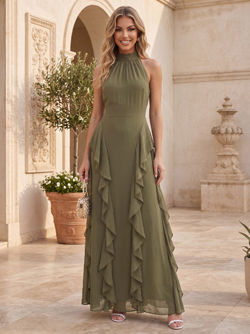 High Neck Wedding Guest Dresses Olive Green Sleeveless Ruffled Chiffon A Line Long Formal Evening Gowns