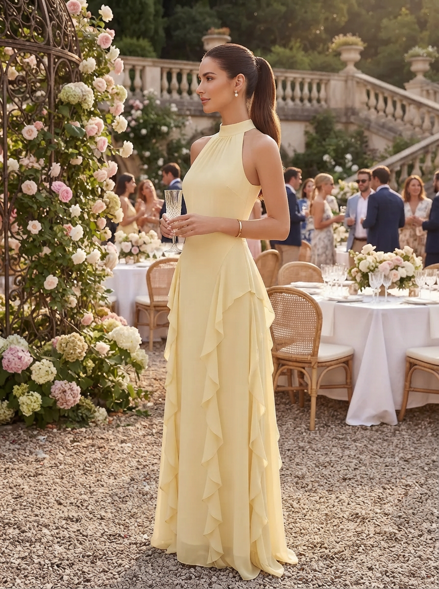 High Neck Wedding Guest Dresses Olive Green Sleeveless Ruffled Chiffon A Line Long Formal Evening Gowns