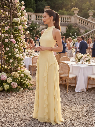 High Neck Wedding Guest Dresses Olive Green Sleeveless Ruffled Chiffon A Line Long Formal Evening Gowns
