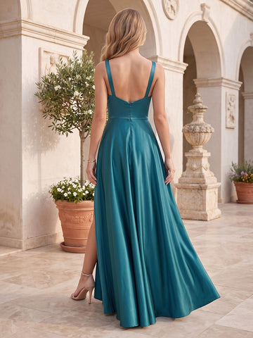 Wedding Guest Dresses Teal Satin Cowl Neck Spaghetti Strap High Slit A Line Long Formal Evening Gowns