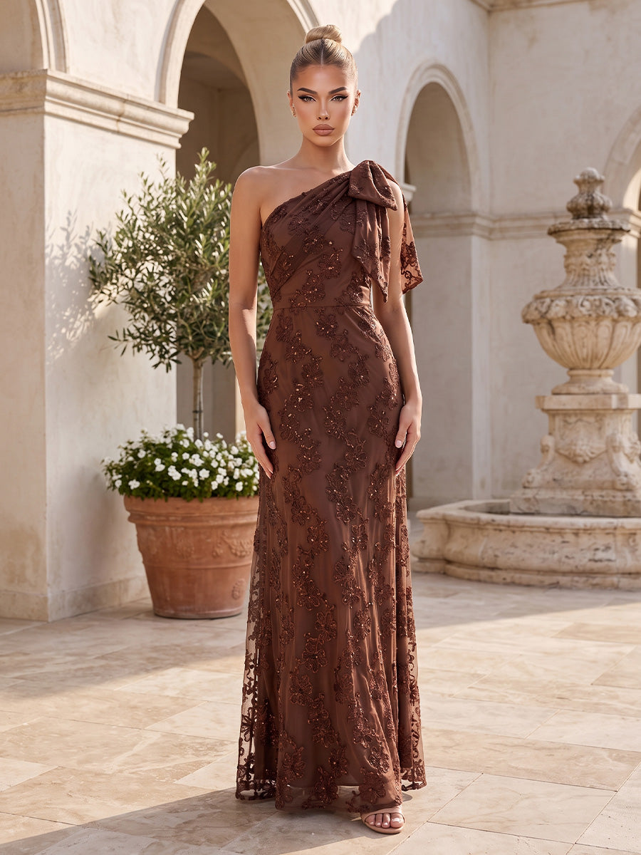 Brown One Shoulder Wedding Guest Dresses Bow Floral Lace Sequin Mermaid Long Evening Gowns