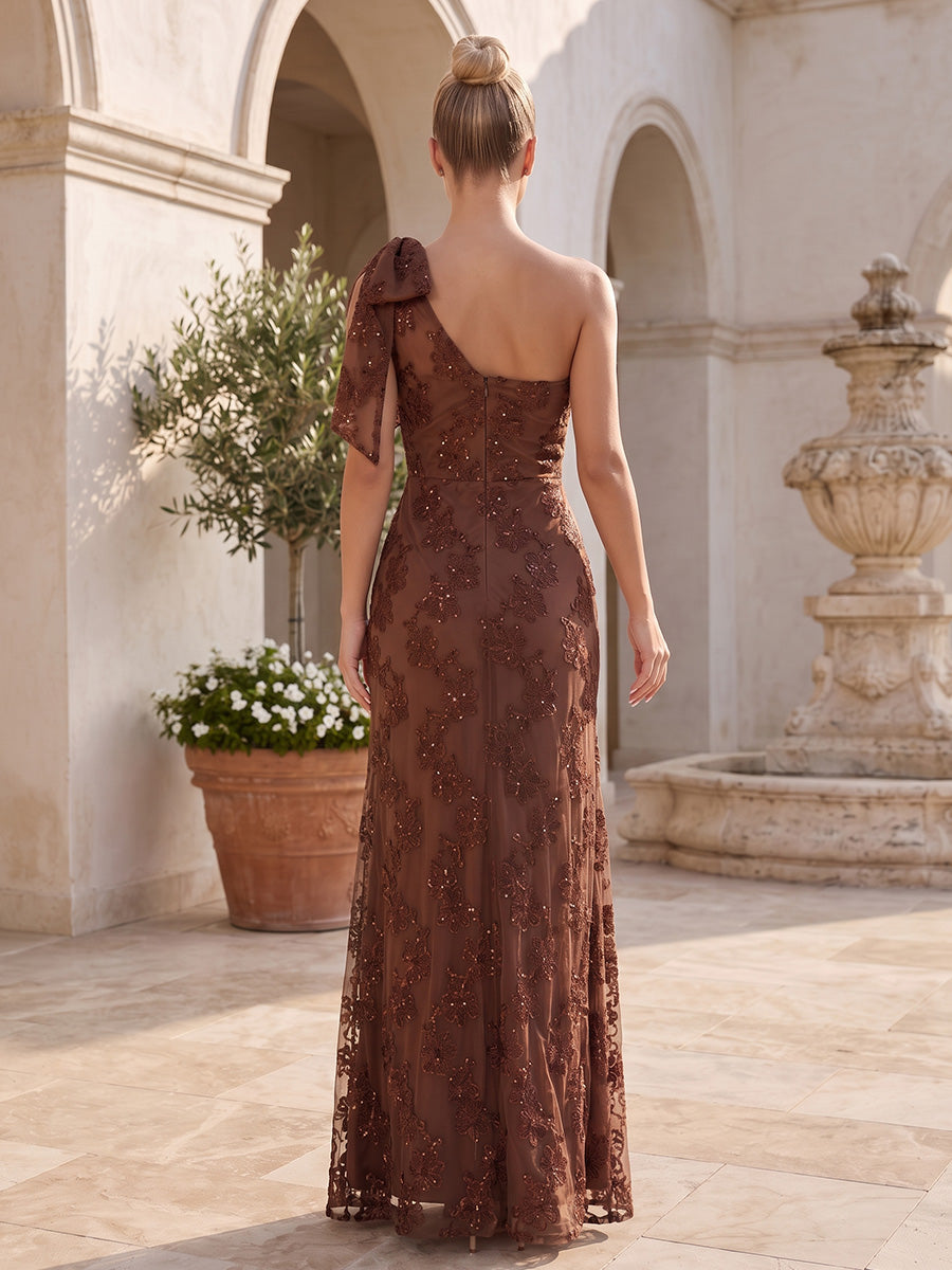 Brown One Shoulder Wedding Guest Dresses Bow Floral Lace Sequin Mermaid Long Evening Gowns