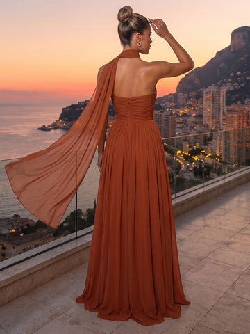 Burnt Orange Wedding Guest Dresses for Women Strapless Ruched Chiffon A Line Evening Gowns Floor Length