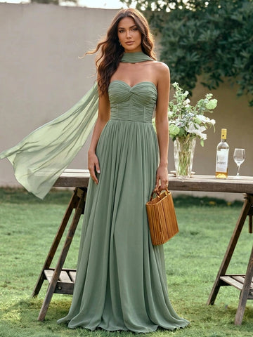 Burnt Orange Wedding Guest Dresses for Women Strapless Ruched Chiffon A Line Evening Gowns Floor Length