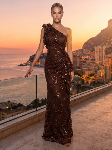 Brown One Shoulder Wedding Guest Dresses Elegant 3D Floral Lace Sequin Mermaid Long Evening Gowns