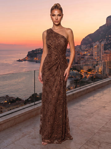 Brown One Shoulder Wedding Guest Dresses Twist Lace Sequin Mermaid Long Evening Gowns
