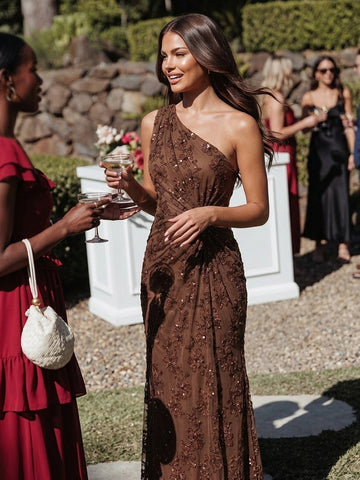 Brown One Shoulder Wedding Guest Dresses Twist Lace Sequin Mermaid Long Evening Gowns