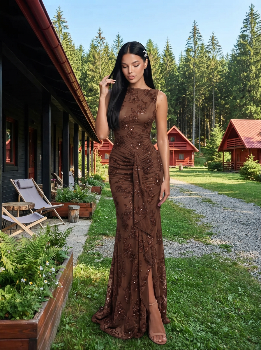 Brown Sleeveless Wedding Guest Dresses Floral Sequin Lace Ruched Slit Mermaid Long Formal Evening Gowns