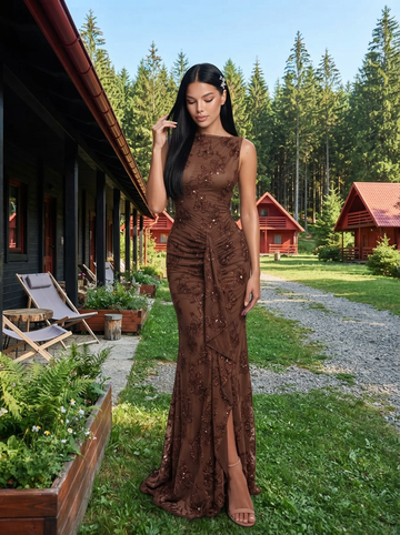 Brown Sleeveless Wedding Guest Dresses Floral Sequin Lace Ruched Slit Mermaid Long Formal Evening Gowns