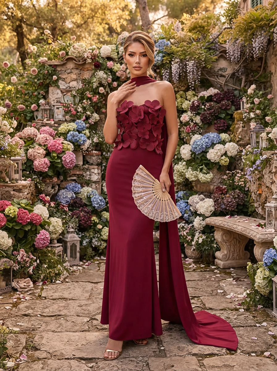 3D Floral Wedding Guest Dresses Burgundy Strapless Halter Neck Mermaid Gown for Evening Party