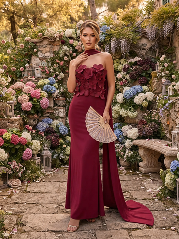 3D Floral Wedding Guest Dresses Burgundy Strapless Halter Neck Mermaid Gown for Evening Party