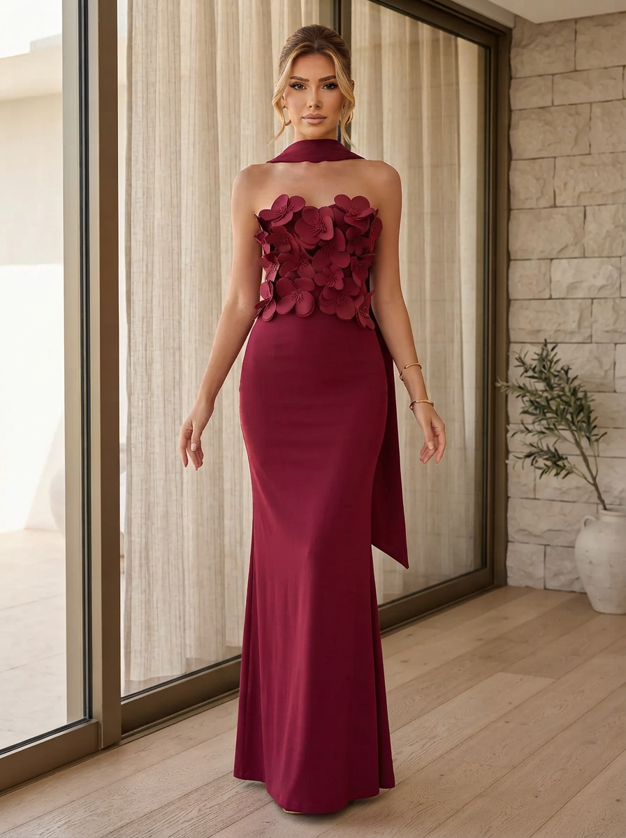 3D Floral Wedding Guest Dresses Burgundy Strapless Halter Neck Mermaid Gown for Evening Party