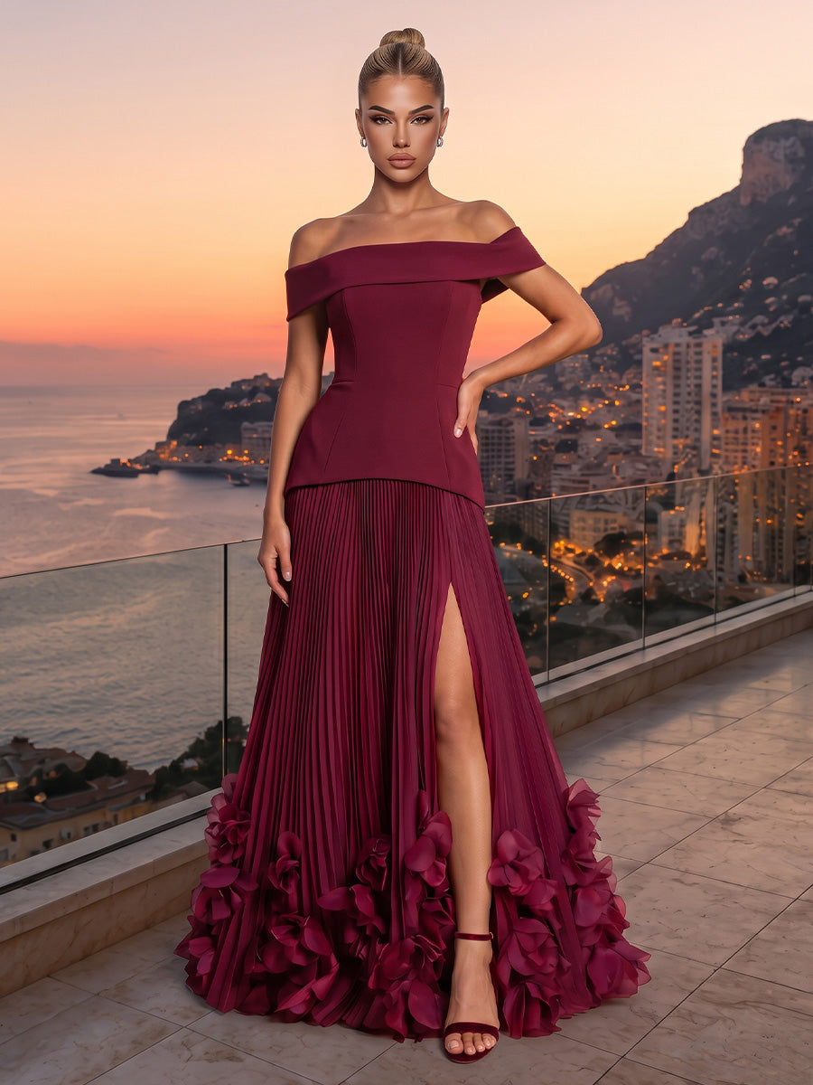 Burgundy Wedding Guest Dresses Off Shoulder Ruffle 3D Floral Pleated Long Formal Evening Gowns