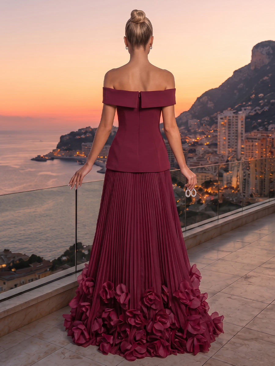 Burgundy Wedding Guest Dresses Off Shoulder Ruffle 3D Floral Pleated Long Formal Evening Gowns