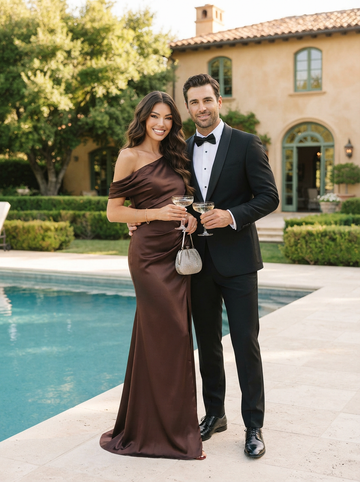 Brown Long Wedding Guest Dresses One Shoulder Satin Slit Gowns for Formal Evening Party