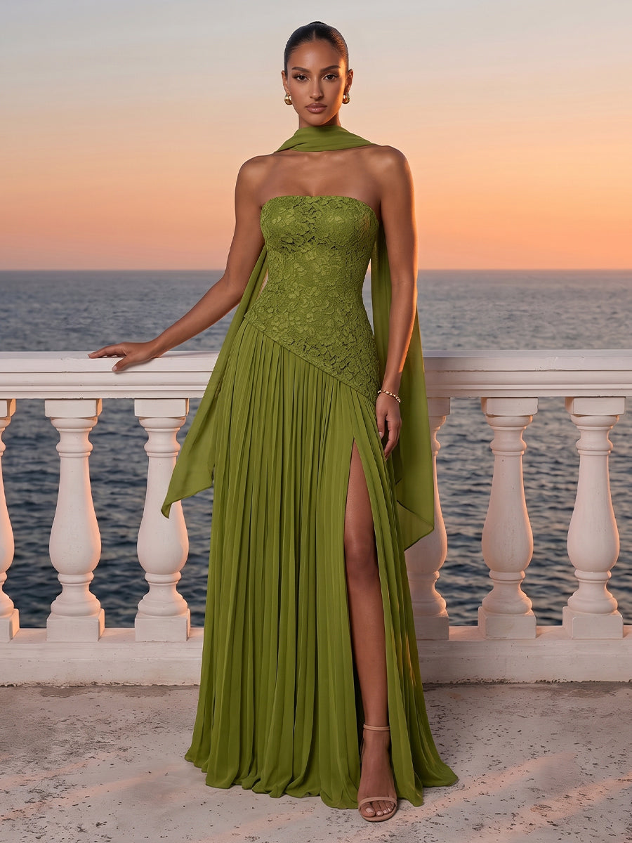 Olive Green Lace Wedding Guest Dresses Strapless Pleated Chiffon Slit Maxi Gowns For Formal Evening Party
