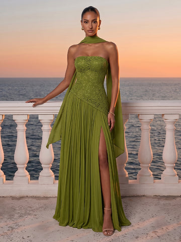 Olive Green Lace Wedding Guest Dresses Strapless Pleated Chiffon Slit Maxi Gowns For Formal Evening Party