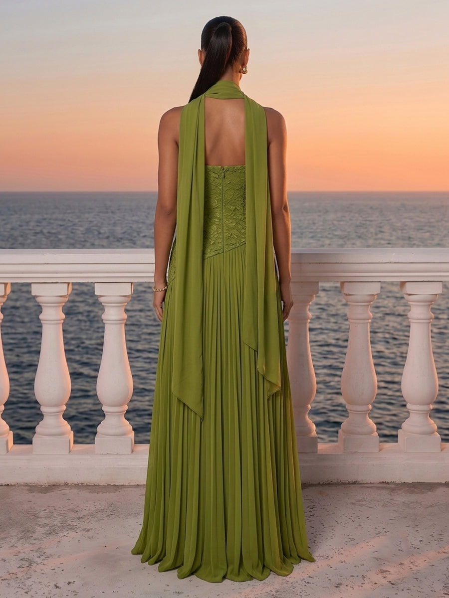 Olive Green Lace Wedding Guest Dresses Strapless Pleated Chiffon Slit Maxi Gowns For Formal Evening Party