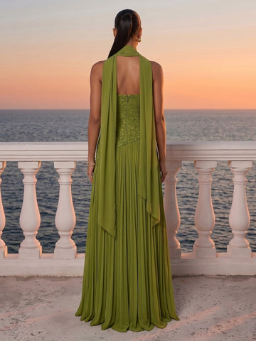 Olive Green Lace Wedding Guest Dresses Strapless Pleated Chiffon Slit Maxi Gowns For Formal Evening Party