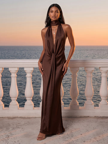 Brown Satin Wedding Guest Dresses Halter Deep V Knot Front Mermaid Maxi Gowns For Formal Evening Party