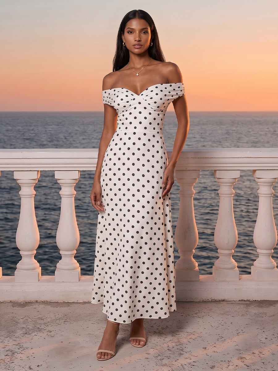 Polka Dot Wedding Guest Dresses White Black Off Shoulder Sweetheart Midi Evening Gowns for Cocktail Bridal Shower
