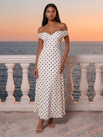 Polka Dot Wedding Guest Dresses White Black Off Shoulder Sweetheart Midi Evening Gowns for Cocktail Bridal Shower