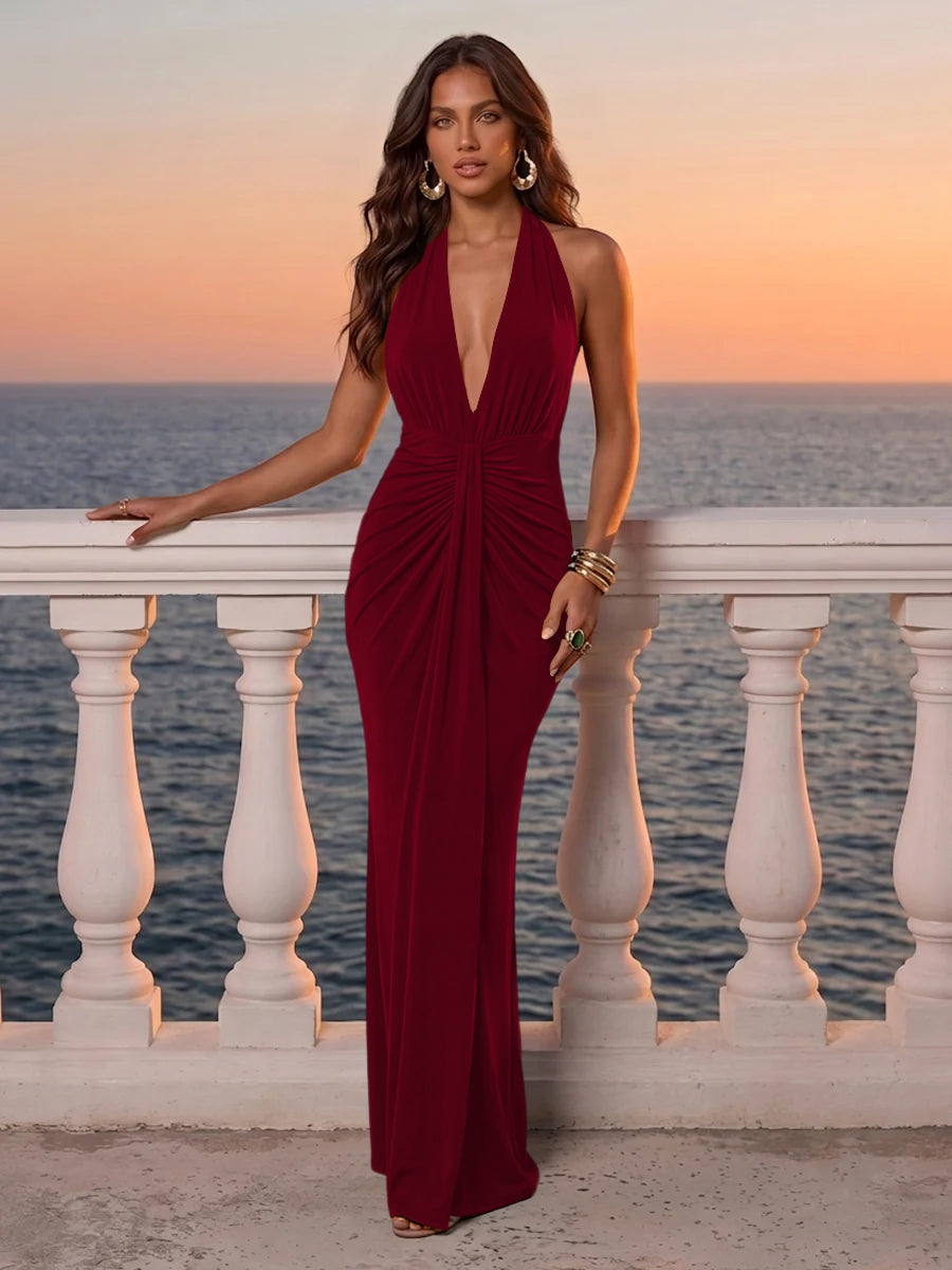 Deep V Neck Wedding Guest Dresses Emerald Green Halter Ruched Twist Mermaid Maxi Evening Gowns