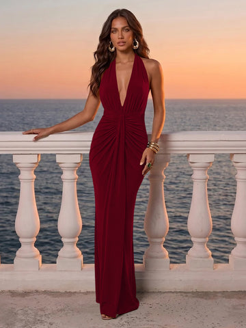 Deep V Neck Wedding Guest Dresses Emerald Green Halter Ruched Twist Mermaid Maxi Evening Gowns