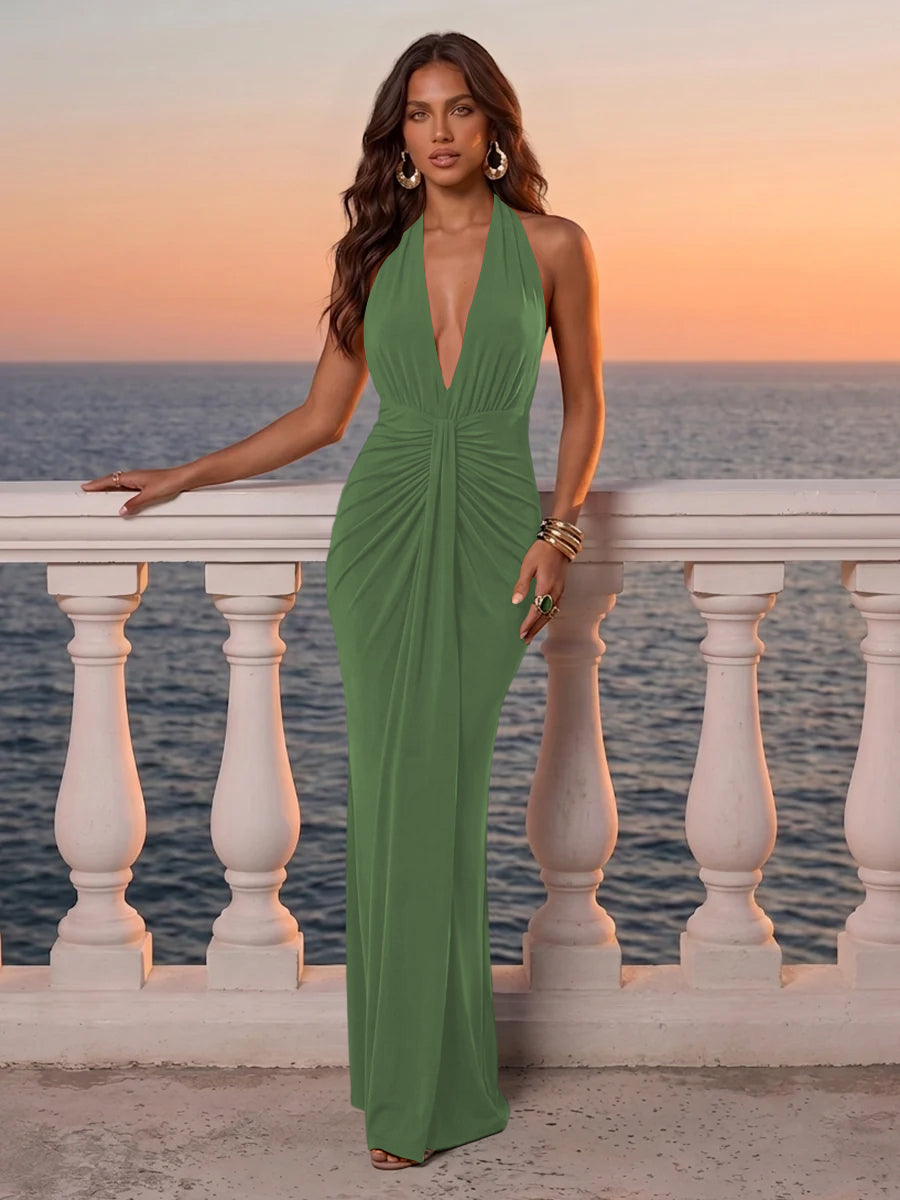 Deep V Neck Wedding Guest Dresses Emerald Green Halter Ruched Twist Mermaid Maxi Evening Gowns