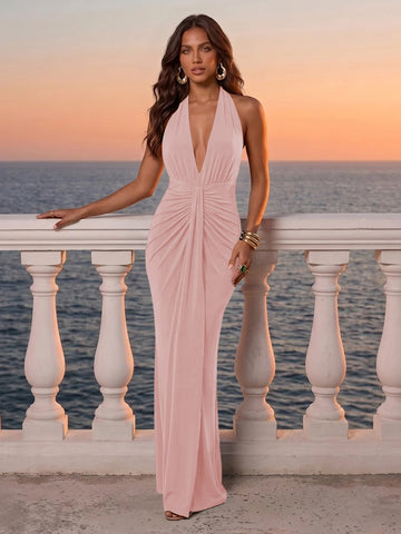 Deep V Neck Wedding Guest Dresses Emerald Green Halter Ruched Twist Mermaid Maxi Evening Gowns