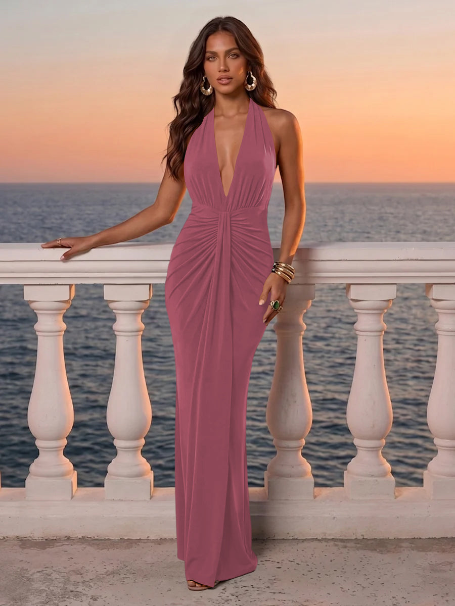 Deep V Neck Wedding Guest Dresses Emerald Green Halter Ruched Twist Mermaid Maxi Evening Gowns