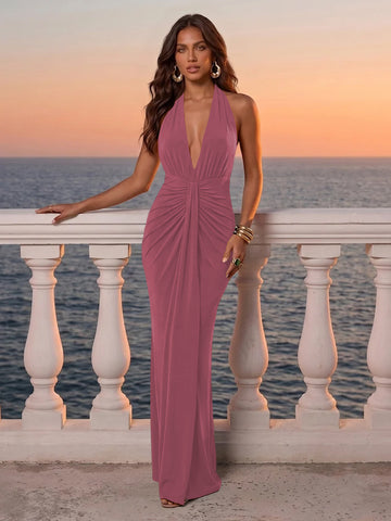 Deep V Neck Wedding Guest Dresses Emerald Green Halter Ruched Twist Mermaid Maxi Evening Gowns