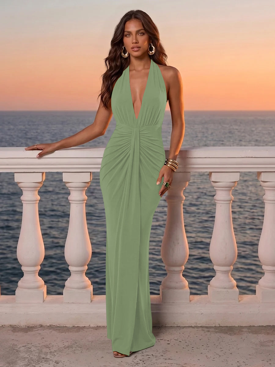 Deep V Neck Wedding Guest Dresses Emerald Green Halter Ruched Twist Mermaid Maxi Evening Gowns