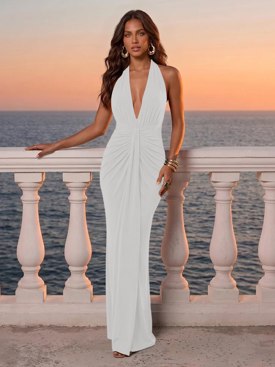 Deep V Neck Wedding Guest Dresses Emerald Green Halter Ruched Twist Mermaid Maxi Evening Gowns