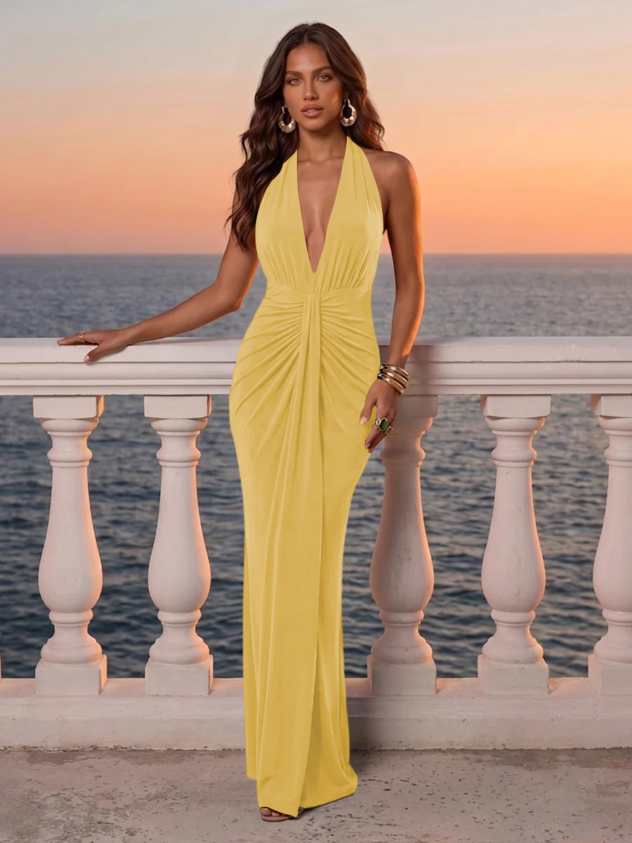 Deep V Neck Wedding Guest Dresses Emerald Green Halter Ruched Twist Mermaid Maxi Evening Gowns