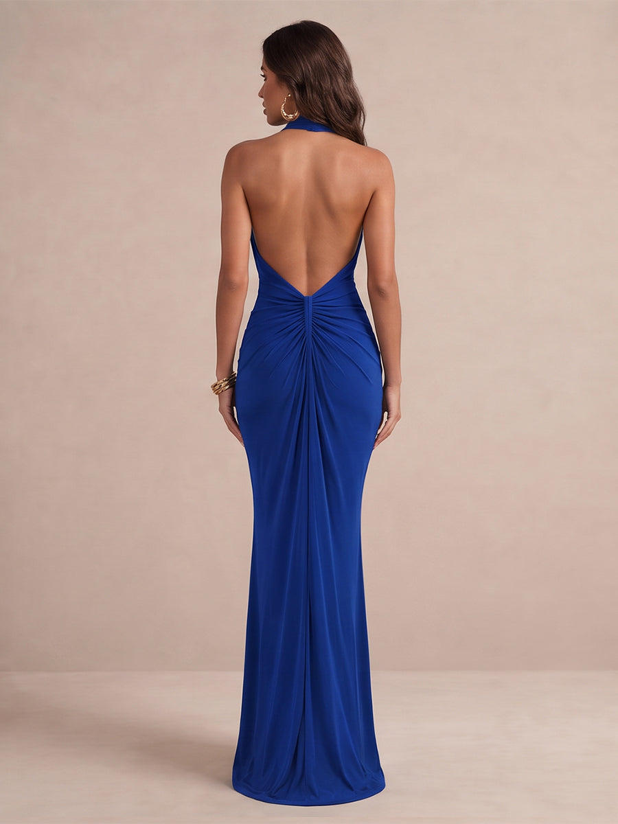 Deep V Neck Wedding Guest Dresses Royal Blue Halter Ruched Twist Mermaid Maxi Evening Gowns
