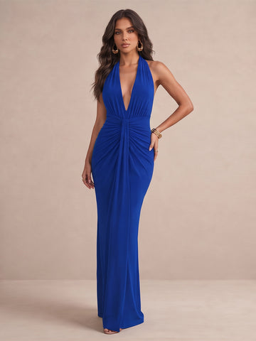 Deep V Neck Wedding Guest Dresses Royal Blue Halter Ruched Twist Mermaid Maxi Evening Gowns