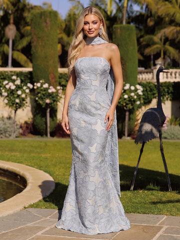 Floral Jacquard Wedding Guest Dresses Dusty Blue Strapless Mermaid Long Formal Evening Gowns