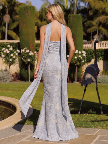 Floral Jacquard Wedding Guest Dresses Dusty Blue Strapless Mermaid Long Formal Evening Gowns