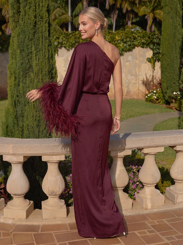 Burgundy Satin Wedding Guest Dresses Draped One Shoulder Feather Detail Formal Wedding Party Gowns