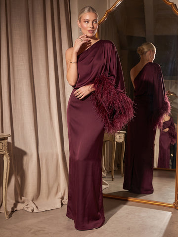 Burgundy Satin Wedding Guest Dresses Draped One Shoulder Feather Detail Formal Wedding Party Gowns