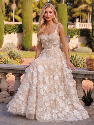 Champagne Wedding Guest Dresses Spaghetti Strap 3D Flower Lace A Line Maxi Party Dresses