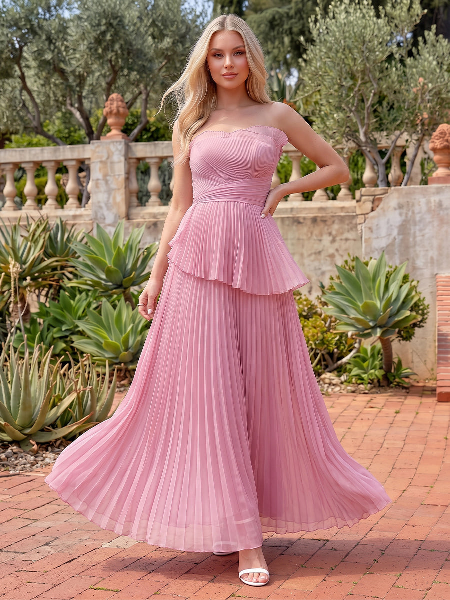 Dusty Pink Strapless Wedding Guest Dresses Pleated Chiffon A Line Long Evening Gowns