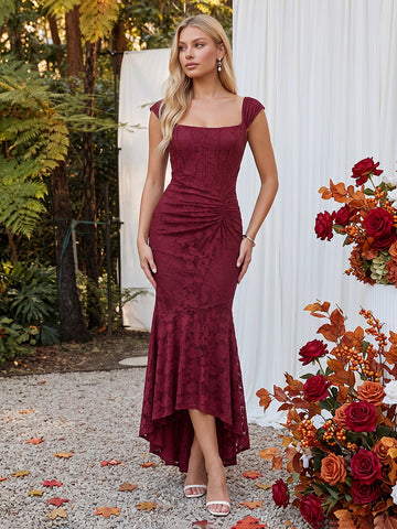 Burgundy Mermaid High Low Corset Stretch Jacquard Dresses