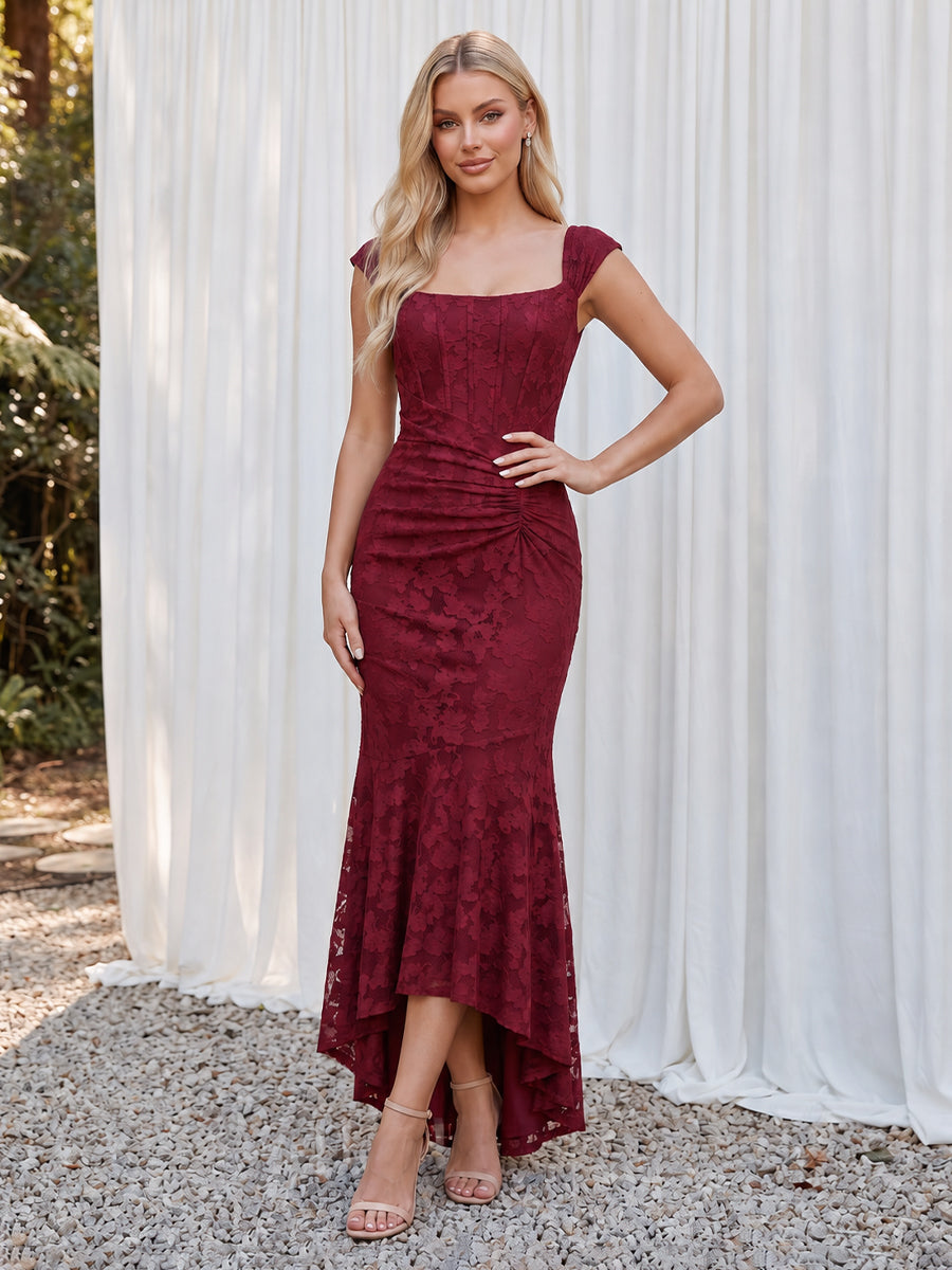 Burgundy Mermaid High Low Corset Stretch Jacquard Dresses