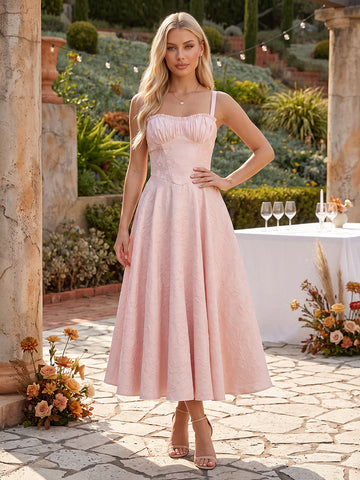 Pink A Line Midi Corset Jacquard Dresses