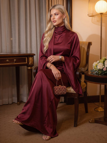 Burgundy Column Maxi Satin Dresses