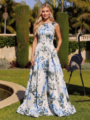 Champagne A Line Maxi Satin Floral Dresses